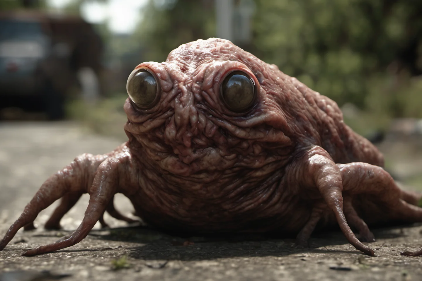 A low, fleshy mutant with huge bulging eyes crawling across pavement