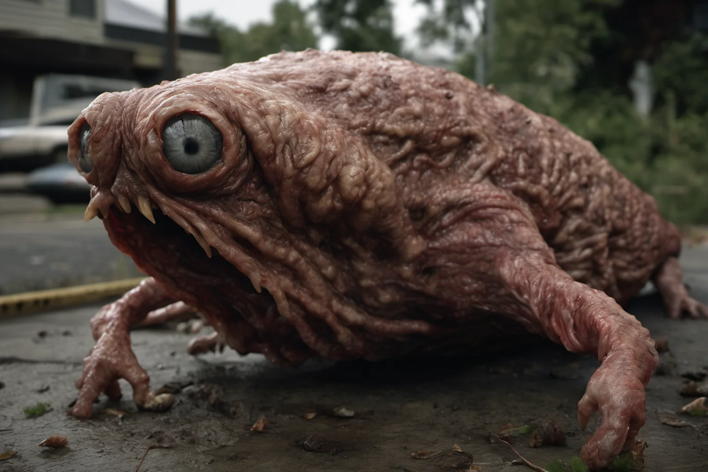 A wrinkled, round one-eyed mutant with small limbs on a deserted street